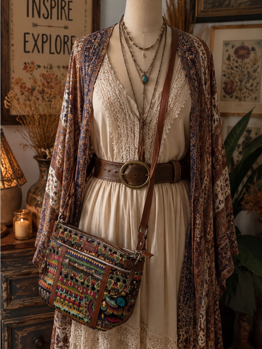 Sakroots Multicolor Artist Circle Print Crossbody with Brown Trim Coated Canvas
